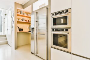 Stainless steel appliances in a kitchen